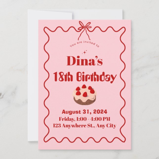 Invitation d'anniversaire Cupcake Fraise Rouge Ros (Devant)