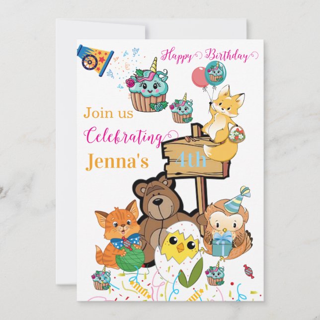 Invitation d'anniversaire Cupcake Ours Renard Oise (Devant)