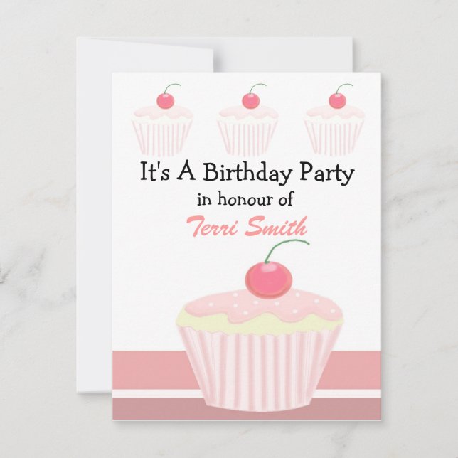 Invitation d'anniversaire Cupcake Rose (Devant)