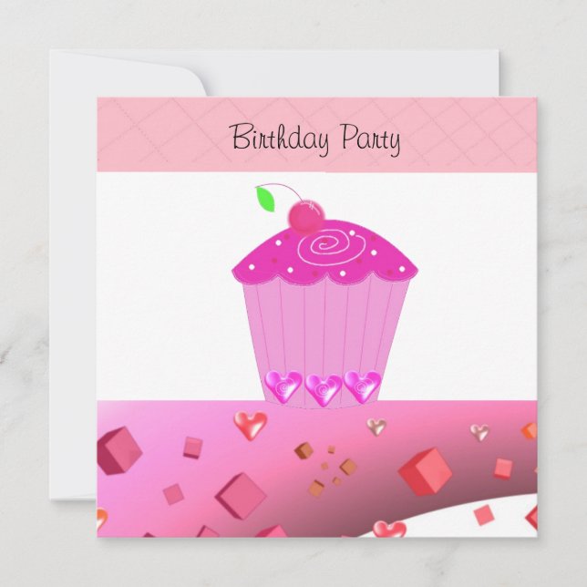 Invitation d'anniversaire Cupcake Rose (Devant)