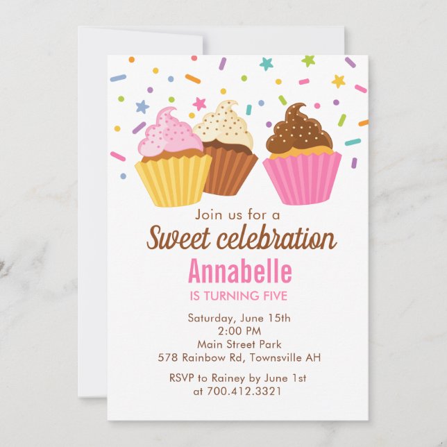 Invitation d'anniversaire Cupcakes avec paillettes (Devant)