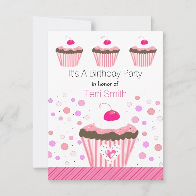 Invitation d'anniversaire Cupcakes Roses (Devant)