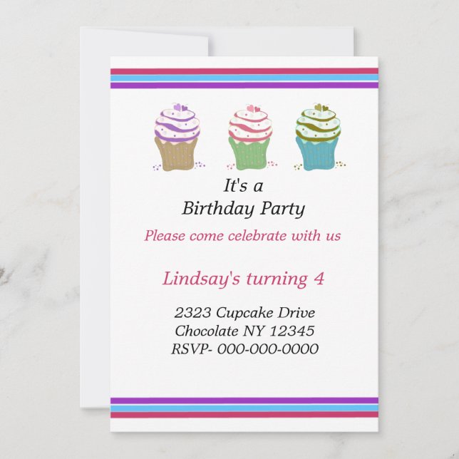 Invitation d'anniversaire Cupcakes Tourbillons (Devant)