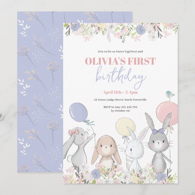 Invitation d'anniversaire Cute Bunnies (Devant / Derrière)