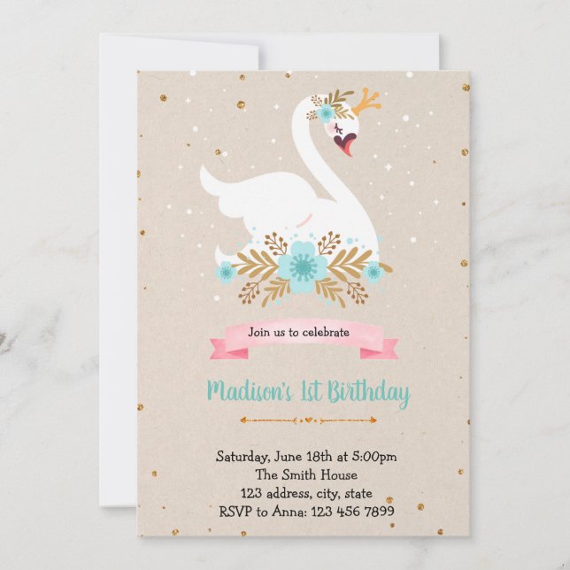 Invitation d'anniversaire cygne fleur bleue (Devant)