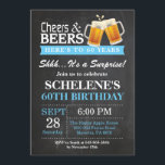 Invitation d'anniversaire d'acclamations et de<br><div class="desc">Carte d'invitation d'anniversaire d'acclamations et de bières de surprise soixantième. Anniversaire adulte. Bleu. 16ème 18ème 21ème 30ème quarantième cinquantième soixantième soixante-dixième quatre-vingtième quatre-vingt-dixième 100th. Tout âge. Pour davantage de personnalisation,  cliquez sur svp la "personnaliser il" bouton et utilisez notre outil de conception pour modifier ce modèle.</div>