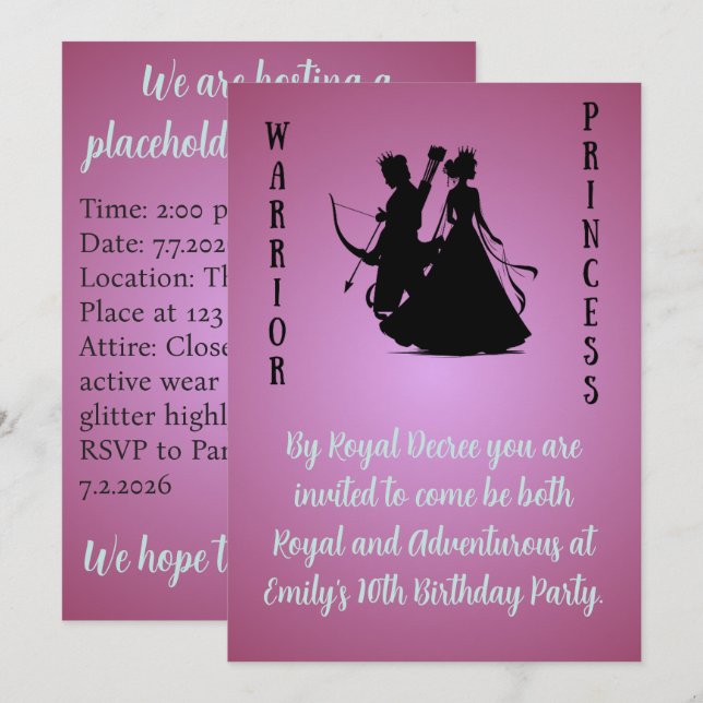 Invitation d'anniversaire d'activité de princesse  (Devant / Derrière)