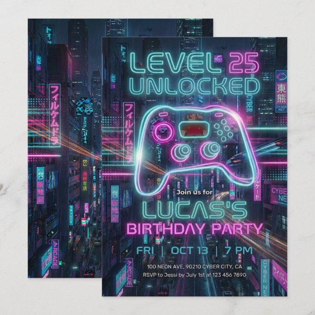Invitation d'anniversaire d'adolescent gamer Cyber (Devant / Derrière)