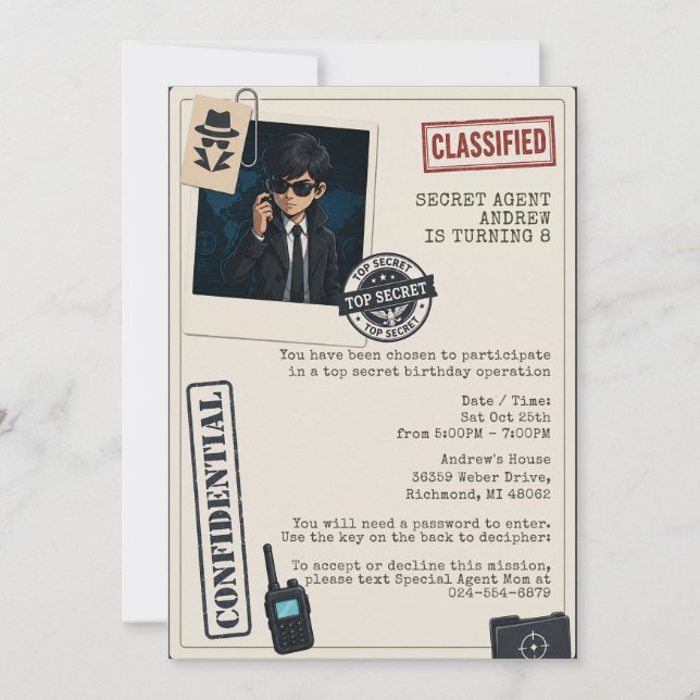Invitation d'anniversaire d'agent secret personnel (Devant)
