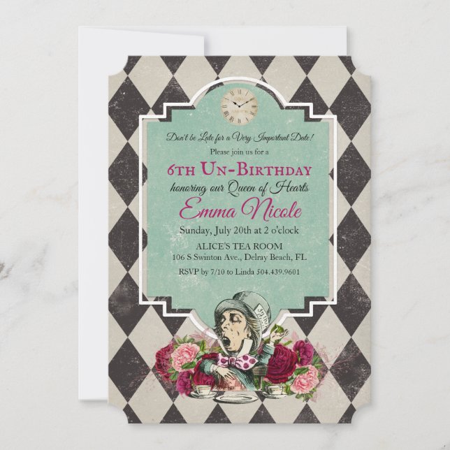 Invitation d'anniversaire d'Alice au pays des merv (Devant)