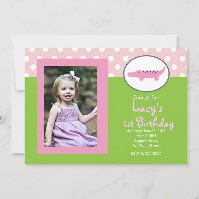 Invitation d'anniversaire d'Alligator rose et vert (Devant)