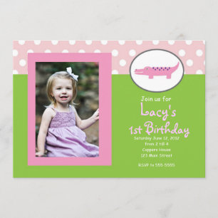 Invitation d'anniversaire d'Alligator rose et vert