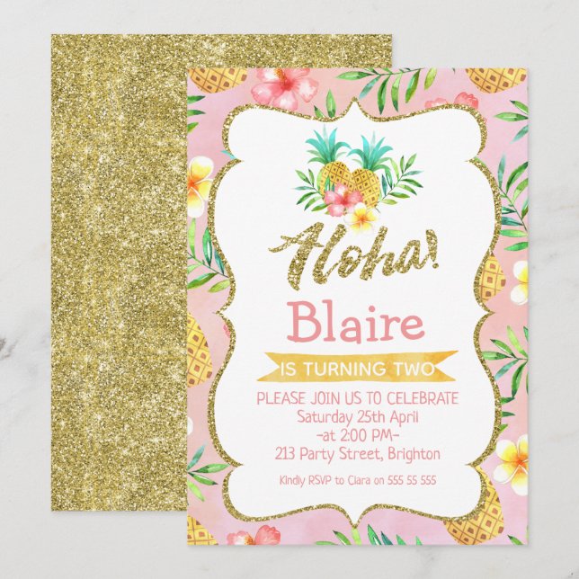 Invitation d'anniversaire d'Aloha tropical (Devant / Derrière)