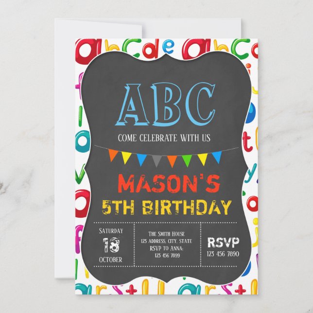 Invitation d'anniversaire d'alphabet (Devant)
