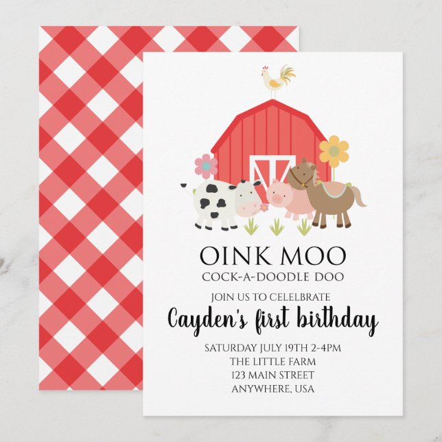 Invitation d'anniversaire d'animal de ferme à carr (Devant / Derrière)
