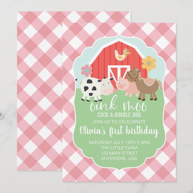 Invitation d'anniversaire d'animal de ferme avec c (Devant / Derrière)