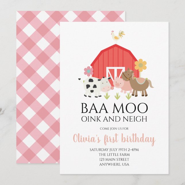 Invitation d'anniversaire d'animal de ferme avec c (Devant / Derrière)
