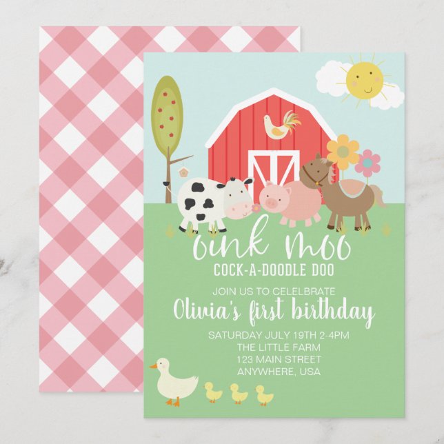 Invitation d'anniversaire d'animal de ferme avec c (Devant / Derrière)