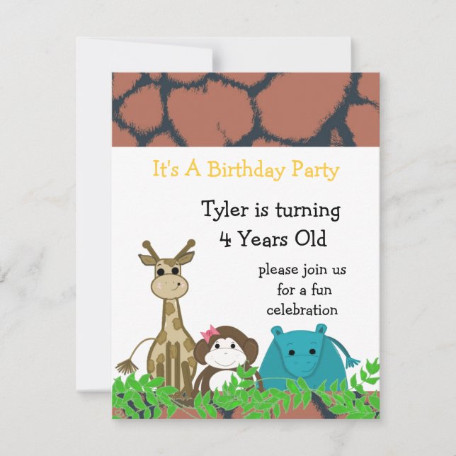 Invitation d'anniversaire d'animal de zoo (Devant)