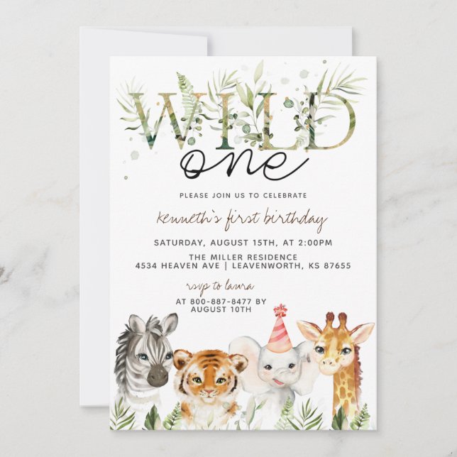 Invitation d'anniversaire d'animal de zoo Wild One (Devant)