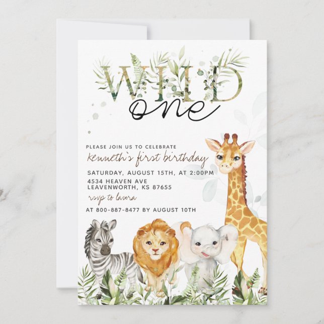 Invitation d'anniversaire d'animal de zoo Wild One (Devant)