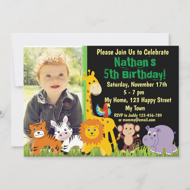 Invitation d'anniversaire d'animaux de safari d'an (Devant)