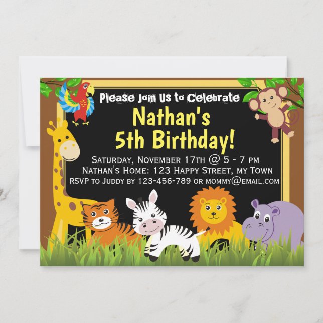 Invitation d'anniversaire d'animaux de safari d'an (Devant)