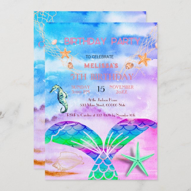 Invitation d'anniversaire d'animaux marins à l'aqu (Devant / Derrière)