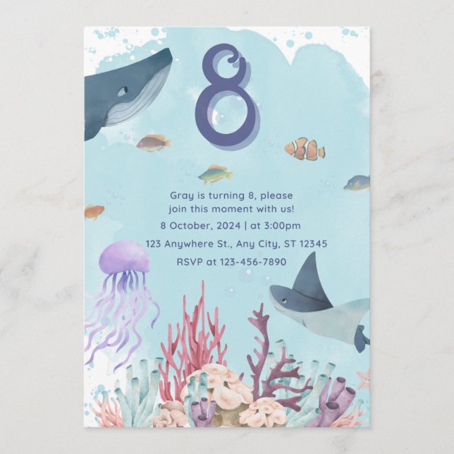 Invitation d'anniversaire d'animaux marins aquatiq (Devant)