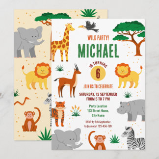 Invitation d'anniversaire d'animaux sauvages heure
