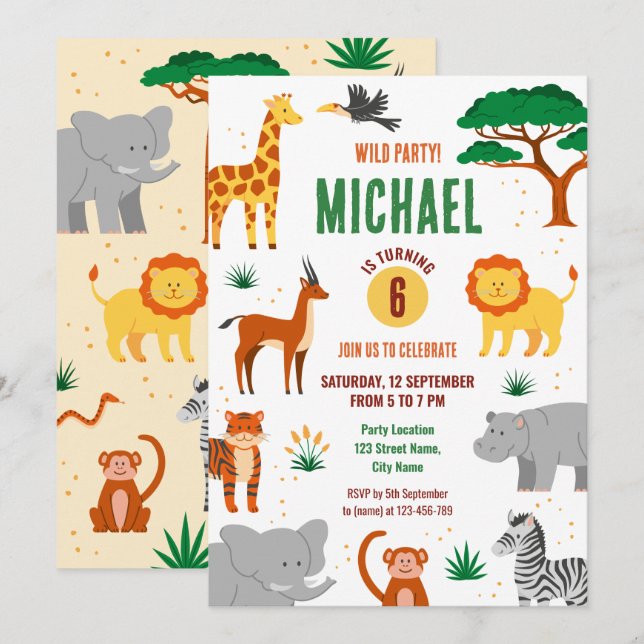 Invitation d'anniversaire d'animaux sauvages heure (Devant / Derrière)