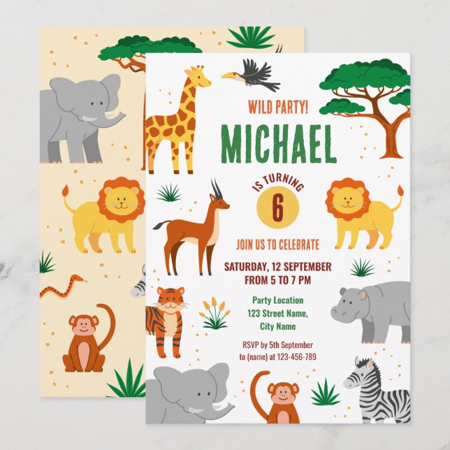Invitation d'anniversaire d'animaux sauvages heure (Devant / Derrière)