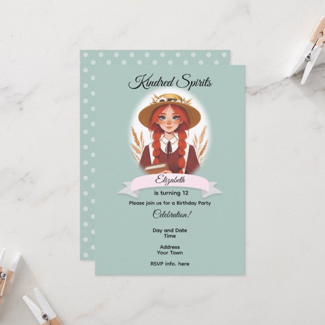 Invitation d'anniversaire d'Anne de Green Gables (Devant/Arrière en situation)