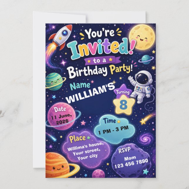 Invitation d'anniversaire dans l'espace pour les e (Devant)