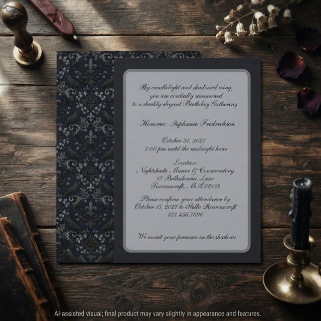 Invitation d'anniversaire Dark Midnight Gothic Rav (Victorian raven invitation for gothic birthday celebration.)