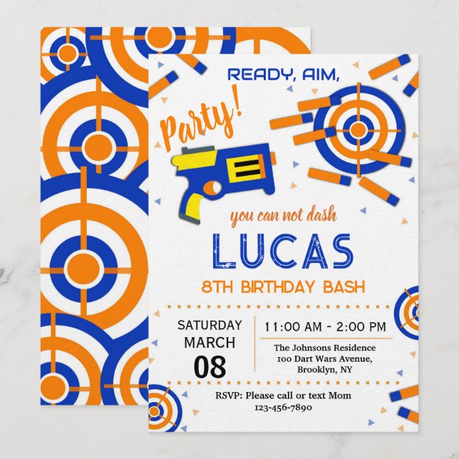 Invitation d'anniversaire Dart Party | Pistolet à  (Devant / Derrière)