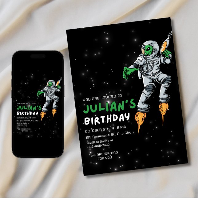 Invitation d'anniversaire d'astronaute alien UFO G (Créateur téléchargé)
