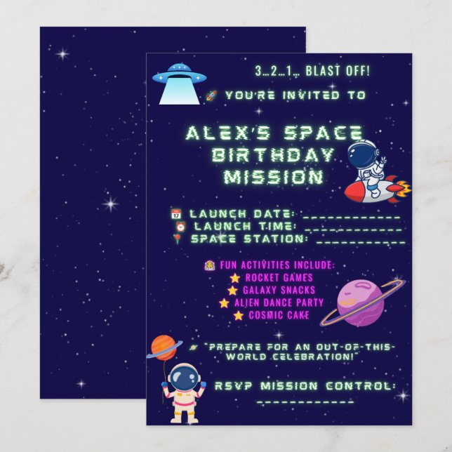 Invitation d'anniversaire d'astronaute – Décollage (Devant / Derrière)