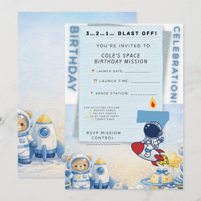 Invitation d'anniversaire d'astronaute – Décollage (Devant / Derrière)