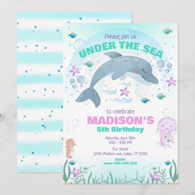 Invitation d'anniversaire dauphin sous la mer  (Devant / Derrière)