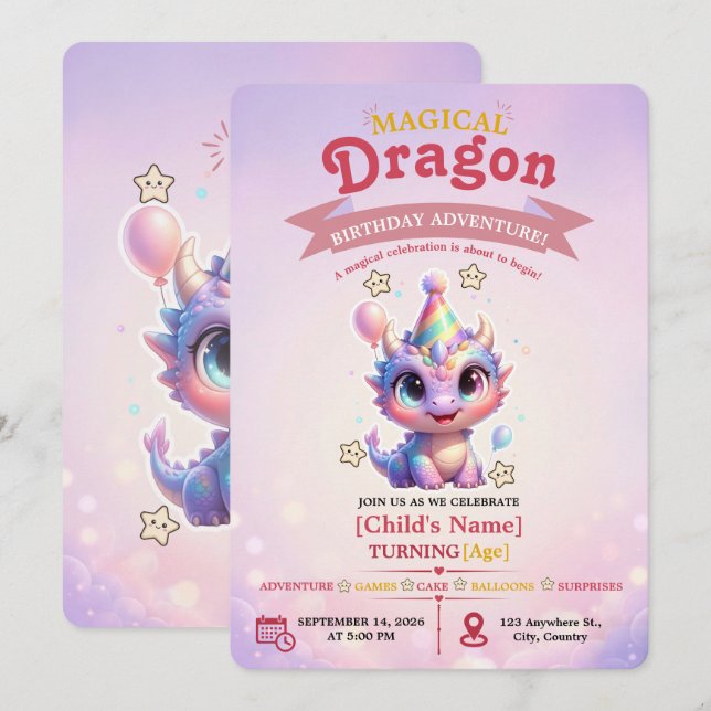 Invitation d'anniversaire d'aventure de dragon pas (Devant / Derrière)