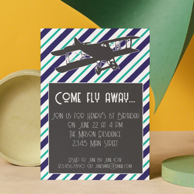 Invitation d'anniversaire d'avion Vintage rayé (Créateur téléchargé)