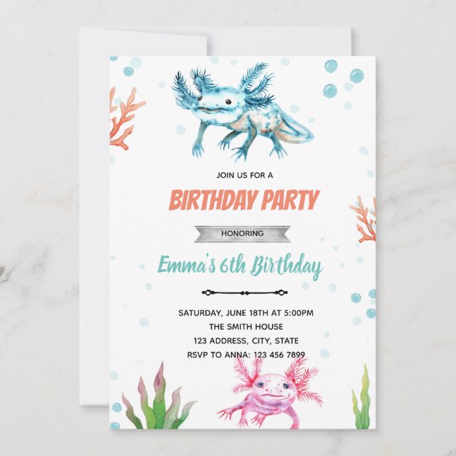 Invitation d'anniversaire d'axolotl mignonne (Devant)