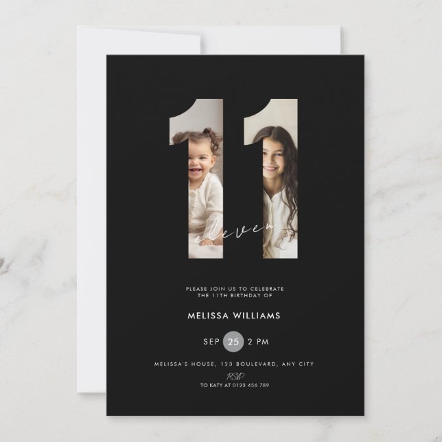 Invitation d'anniversaire de 11 ans avec photo - N (Devant)