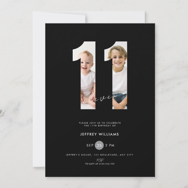 Invitation d'anniversaire de 11 ans avec photo - N (Devant)