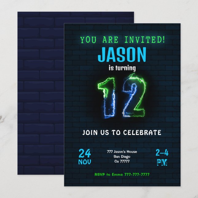Invitation d'anniversaire de 12 ans pour garçon (Devant / Derrière)