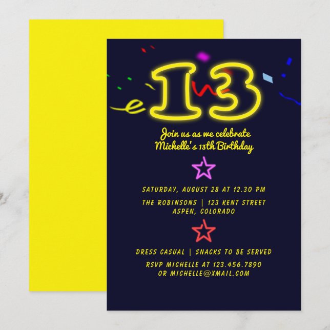 Invitation d'anniversaire de 13 ans avec enseigne  (Devant / Derrière)