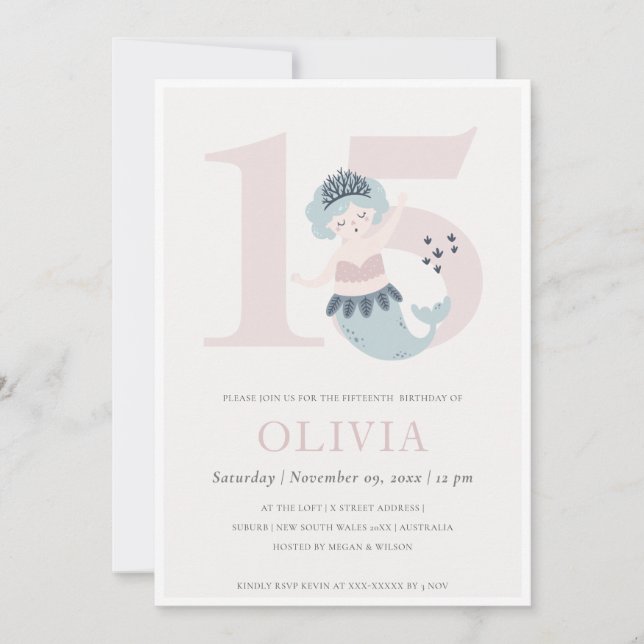 Invitation d'anniversaire de 15 ans de sirène rose (Devant)