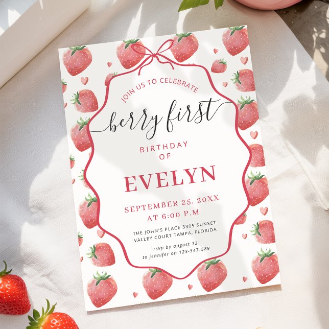 Invitation d'anniversaire de 1 an à la fraise aqua (Créateur téléchargé)