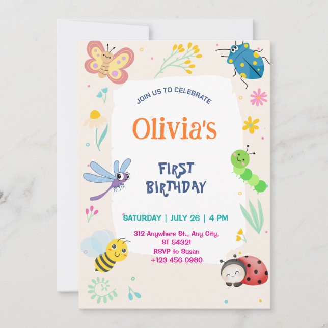 Invitation d'anniversaire de 1 an Cute One Bug & B (Devant)